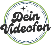 Kreisförmiges Logo mit dem Text Dein Videofon in fetter Schrift, umgeben von grünen und blauen Ringen und drei funkelnden Sternen über dem Text.