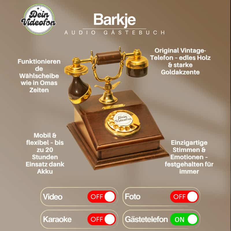 Vintage Audio-Gästebuch „Barkje“ von Dein Videofon aus edlem Holz mit goldenen Akzenten – mobil, flexibel und perfekt für emotionale Sprachnachrichten auf Hochzeiten.