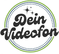 Kreisförmiges Logo mit dem Schriftzug Dein Videofon in schwarzer Schreibschrift, umgeben von einem grün und blau gestrichelten Rahmen und drei glitzernden Symbolen oberhalb des Textes.