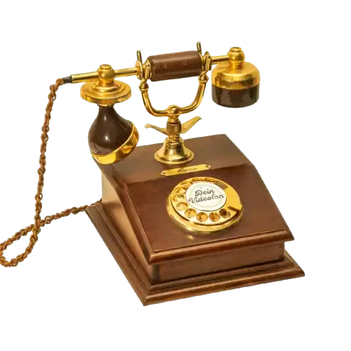Ein altes Wählscheibentelefon mit Holzsockel, Messingdetails und einem braunen schnurgebundenen Hörer.