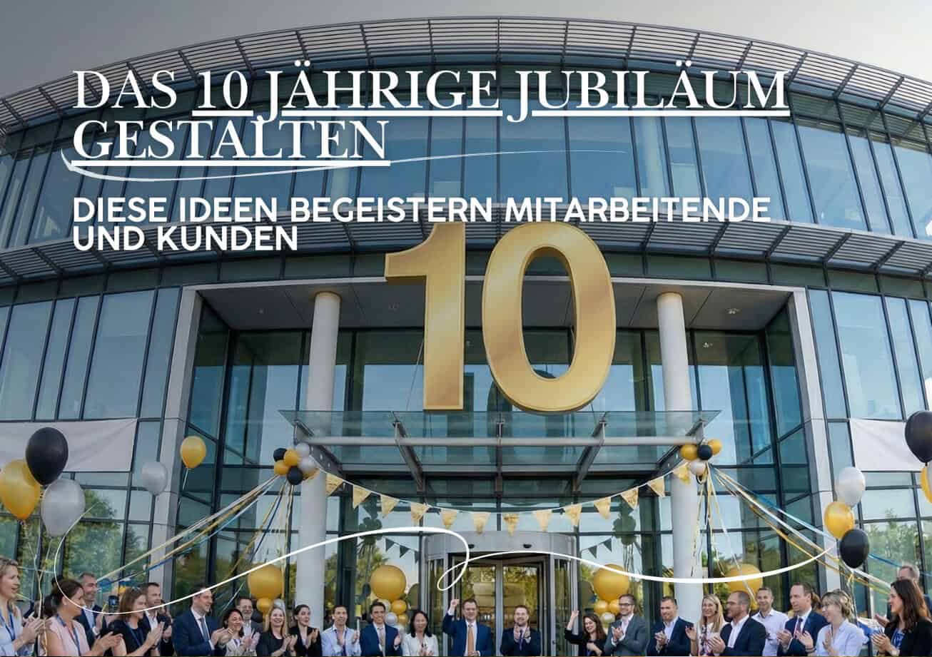 Große goldene Zahl 10 auf einem modernen Glasgebäude, mit Menschen, die sich draußen versammelt haben und Luftballons halten, um das Jubiläum nach 10 Jahren zu feiern. Deutscher Text überlagert den oberen Teil und hebt kreative 10 Jahre Jubiläum Ideen hervor.