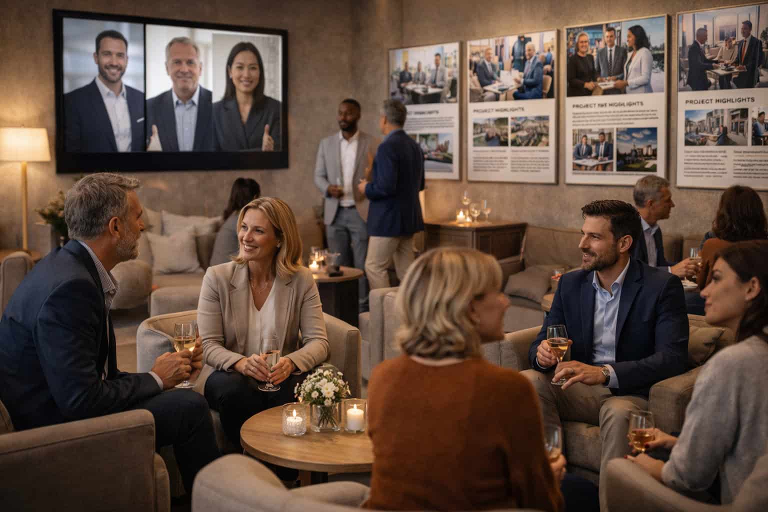 Bei einem abendlichen Networking-Event sitzen Menschen in Geschäftskleidung in einer Lounge und tauschen kreative firmenjubiläum ideen aus, während an der Wand Projektposter und ein großes Gruppenfoto hängen.