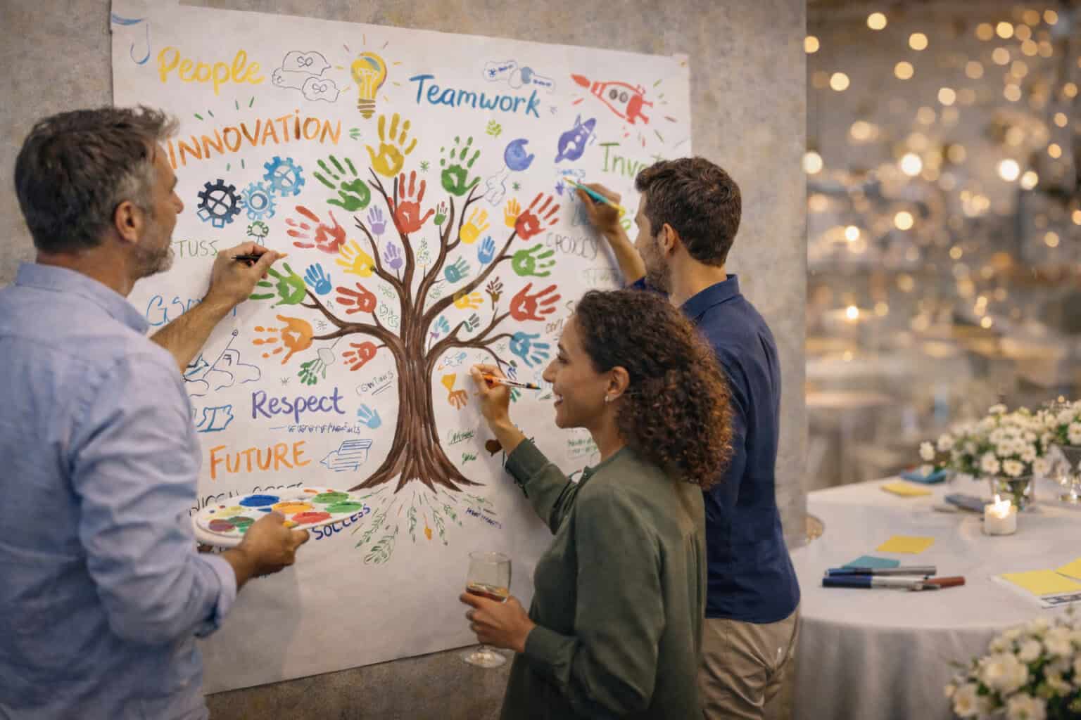 Drei Personen zeichnen und schreiben auf ein großes Papier mit einem farbenfrohen Baumdiagramm, das Wörter wie Innovation, Teamwork und Respekt enthält - perfekt für ideen firmenjubiläum oder jeden, der kreative firmenjubiläum ideen für einen Workshop oder eine Teambuilding-Veranstaltung sucht.