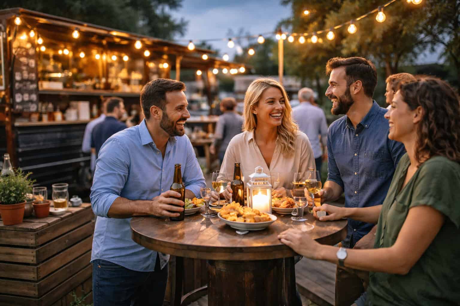 Vier Erwachsene sitzen an einem runden Holztisch im Freien und genießen Speisen und Getränke unter Lichterketten - eine perfekte Szene für ideen firmenjubiläum oder kreative firmenjubiläum ideen, mit einem festlichen Essensstand im Hintergrund.