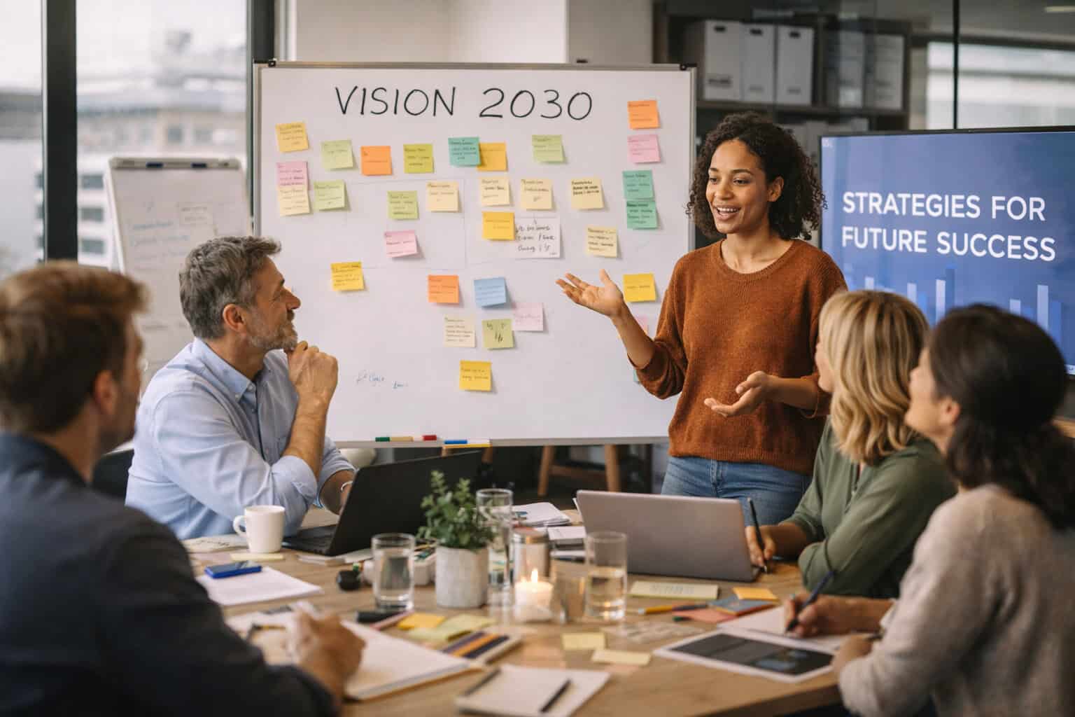 Eine Frau präsentiert ihren Kollegen in einem Besprechungsraum kreative Firmenjubiläum-Ideen. Auf einem Whiteboard mit der Aufschrift Vision 2030 sind Klebezettel angebracht und auf einem Bildschirm sind Strategien für den zukünftigen Erfolg zu sehen.